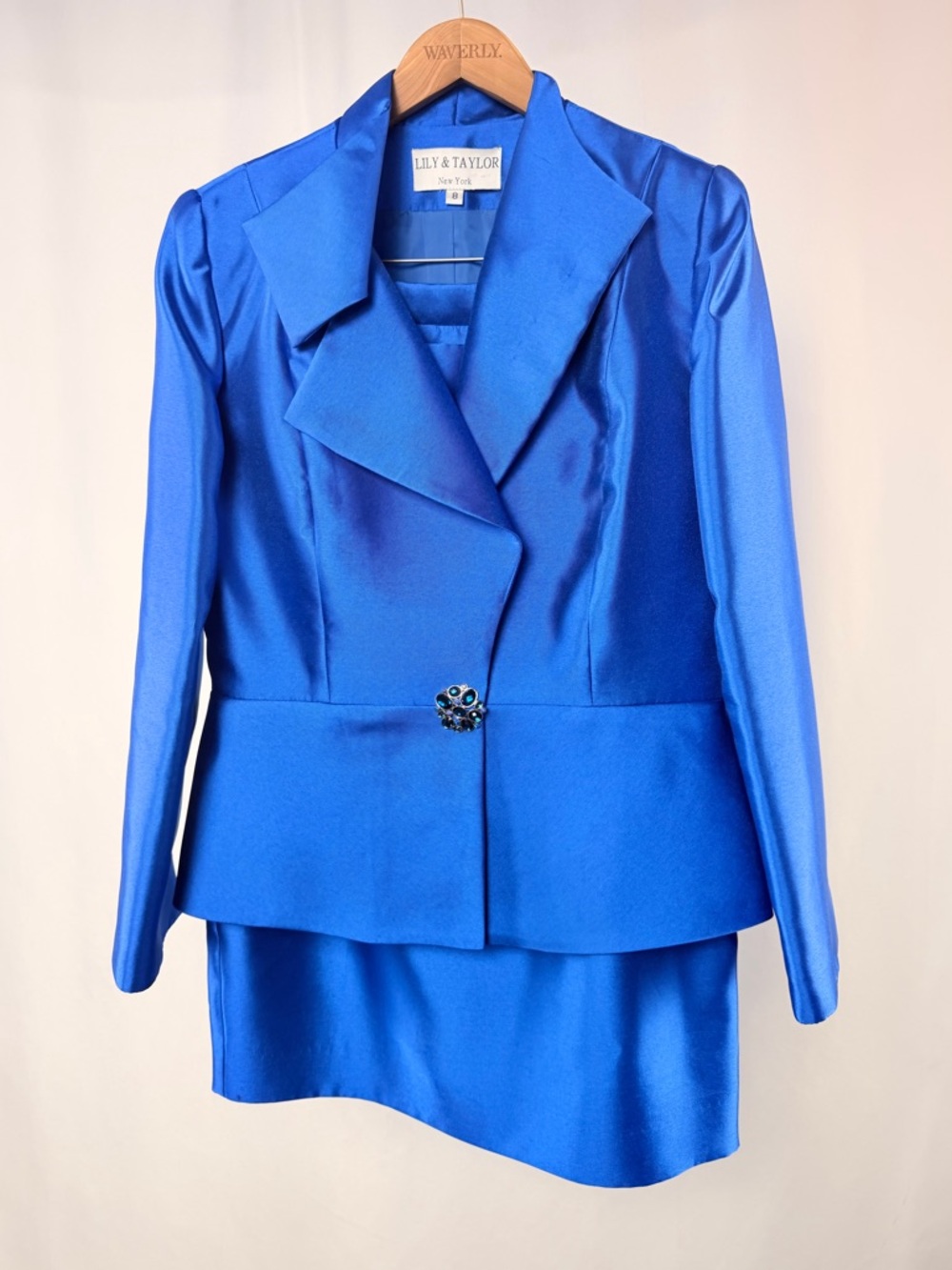 Lily & Taylor New York 2 Piece Satin Skirt Blazer Set‎ in Royal Blue Size 8